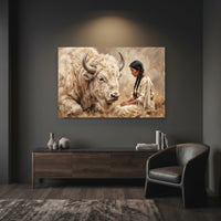 White Bison & Native American Woman Oil Painting Style Canvas Print Wall Art, Spirit - Mockup Display 7