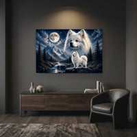 Fluffy White Samoyed Dogs Mountain Night Canvas Print Wall Art Decor - Mockup Display 7