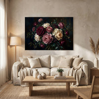 Dark Floral Bouquet Oil Painting Style Canvas Print Wall Art for Elegant Decor - Mockup Display 8