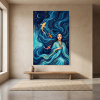 Mystical Asian Woman Koi Fish Oil Painting Style Canvas Print Wall Art, Elegant Decor - Mockup Display 8