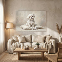 White Maltese Stretched Canvas Wall Art, Soft Dog Portrait Print, Elegant Bedroom Decor