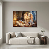 Guardian Angel Watching Child Oil Painting Style Canvas Print Wall Art, Serene Home Decor - Mockup Display 8