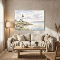 Lighthouse Coastal Seascape Watercolor Style Canvas Print Wall Art, Nautical Decor - Mockup Display 8