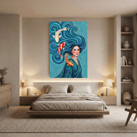 Vibrant Woman with Koi Fish Artistic Canvas Print Wall Art, Elegant Home Decor - Mockup Display 8