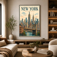 New York City Vintage Illustration Skyline Brooklyn Bridge Canvas Print Wall Art, Iconic - Mockup Display 7