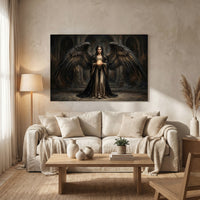 Dark Angel Stretched Canvas Wall Art, Gothic Fantasy Woman Print, Dramatic Statement Decor