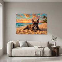 Cool French Bulldog Sunset Beach Oil Painting Style Canvas Print Wall Art for Dog Lovers - Mockup Display 8