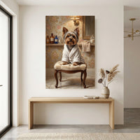Yorkshire Terrier in Robe Oil Painting Style Canvas Print Wall Art, Elegant Bathroom Decor - Mockup Display 8