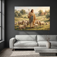 Good Shepherd Jesus Christ Oil Painting Style Canvas Print Wall Art, Serene Biblical Landscape - Mockup Display 8