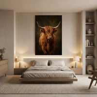 Majestic Highland Cow Portrait Oil Painting Style Canvas Print Wall Art, Rustic Farmhouse Decor - Mockup Display 8