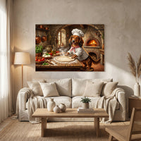 Dachshund Chef Making Pizza Oil Painting Style Canvas Print Wall Art for Kitchen - Mockup Display 8