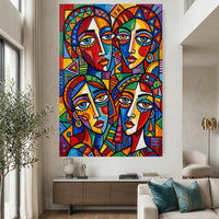 Colorful Abstract Faces Stretched Canvas Wall Art, Modern Geometric Portrait Print, Bold Room Decor