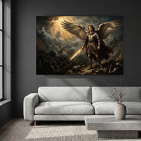 Archangel Michael Divine Battle Oil Painting Style Canvas Print Wall Art, Majestic - Mockup Display 8