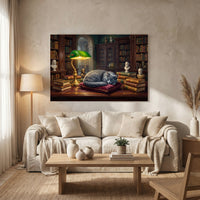 Peaceful Grey Cat Sleeping Library Oil Painting Style Canvas Print Wall Art for Study - Mockup Display 8