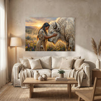 Native American Woman White Buffalo Oil Painting Style Canvas Print Wall Art Serene - Mockup Display 8