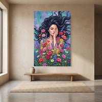 Woman in Wildflowers Oil Painting Style Canvas Print Wall Art with Vibrant Hues - Mockup Display 8