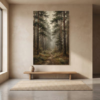 Misty Pine Forest Pathway Oil Painting Style Canvas Print Wall Art, Serene Decor - Mockup Display 8