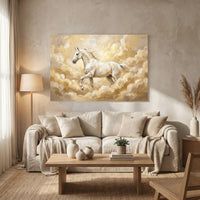White Horse Galloping Oil Painting Style Canvas Print Wall Art, Golden Clouds - Mockup Display 8