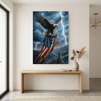 Majestic Bald Eagle & Tattered American Flag Stormy Sky Patriotic Canvas Print Wall Art - Mockup Display 8