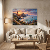 Vibrant Coastal Sunset Lighthouse Oil Painting Style Canvas Print Wall Art, Serene - Mockup Display 8