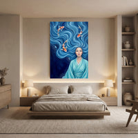 Serene Asian Woman with Flowing Blue Hair & Koi Fish Canvas Print Wall Art - Mockup Display 8