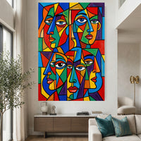 Geometric Faces Stretched Canvas Wall Art, Colorful Modern Portrait Print, Bold Living Room Decor