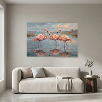 Three Pink Flamingos Oil Painting Style Canvas Print Wall Art, Serene Decor - Mockup Display 8
