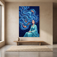 Elegant Woman with Flowing Water Hair Koi Fish Artistic Canvas Print Wall Art - Mockup Display 8