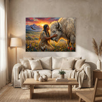Native American Woman & White Bison Oil Painting Style Canvas Print Wall Art, Serene Landscape - Mockup Display 8