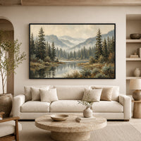 Serene Forest Lake Landscape Oil Painting Style Canvas Print Wall Art, Tranquil View - Mockup Display 8