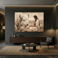 Native American Woman & White Bison Oil Painting Style Canvas Print Wall Art, Majestic - Mockup Display 8
