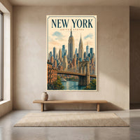 New York City Vintage Illustration Skyline Brooklyn Bridge Canvas Print Wall Art, Iconic - Mockup Display 6