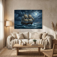 Dramatic Galleon Ship Moonlight Oil Painting Style Canvas Print Wall Art, Nautical Adventure - Mockup Display 8
