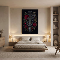 Intricate Dark Fantasy Snake & Dagger Roses Canvas Print Wall Art, Ornate Elegance - Mockup Display 8