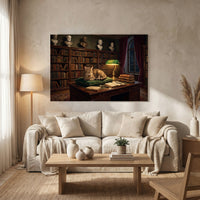 Tabby Cat in Scholarly Library Oil Painting Style Canvas Print Wall Art, Elegant Decor - Mockup Display 8