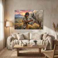 Native Woman & White Bison Oil Painting Style Canvas Print Wall Art, Spiritual Serenity - Mockup Display 8
