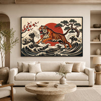 Dynamic Japanese Ukiyo-e Tiger Waves & Sun Canvas Print Wall Art, Zen Decor - Mockup Display 8