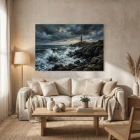 Stormy Lighthouse Stretched Canvas Wall Art, Dramatic Seascape Print, Coastal Living Room Decor