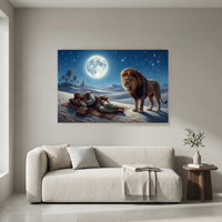 Desert Night Lion and Sleeping Man Oil Painting Style Canvas Print Wall Art - Mockup Display 8