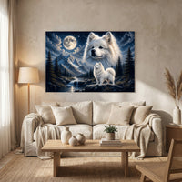 Fluffy White Samoyed Dogs Mountain Night Canvas Print Wall Art Decor - Mockup Display 8