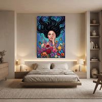 Vibrant Woman with Flowing Hair and Flowers Canvas Print Wall Art, Enchanting Decor - Mockup Display 8