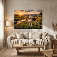 Regal Beagle Dog Mountain Sunset Oil Painting Style Canvas Print Wall Art, Nature Inspired - Mockup Display 8