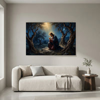 Jesus in Gethsemane Oil Painting Style Canvas Print Wall Art, Divine Light - Mockup Display 8