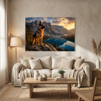 German Shepherd Dog Mountain Lake Sunset Oil Painting Style Canvas Print Wall Art, Majestic - Mockup Display 8