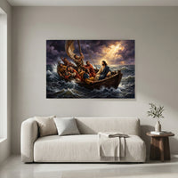 Biblical Jesus Calming Storm Oil Painting Style Canvas Print Wall Art, Religious - Mockup Display 8