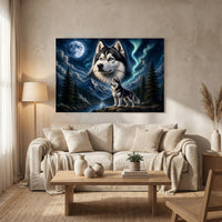 Majestic Husky Dog Oil Painting Style Moonlight Aurora Canvas Print Wall Art - Mockup Display 8
