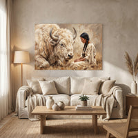 White Bison & Native American Woman Oil Painting Style Canvas Print Wall Art, Spirit - Mockup Display 8
