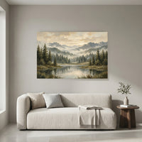 Misty Mountain Lake Landscape Oil Painting Style Canvas Print Wall Art, Rustic Decor - Mockup Display 8