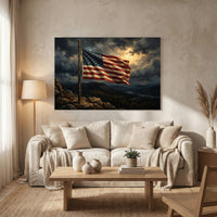 American Flag Mountain Canvas Wall Art, Dramatic Patriotic Landscape Print, Rustic Living Room Decor