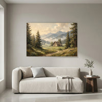 Misty Mountain Valley Cabin Oil Painting Style Canvas Print Wall Art Scenic Decor - Mockup Display 8